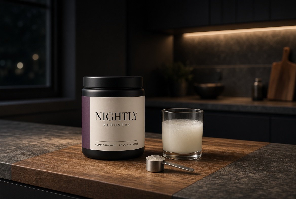 Nightly jar and mixed drink on a kitchen counter at night